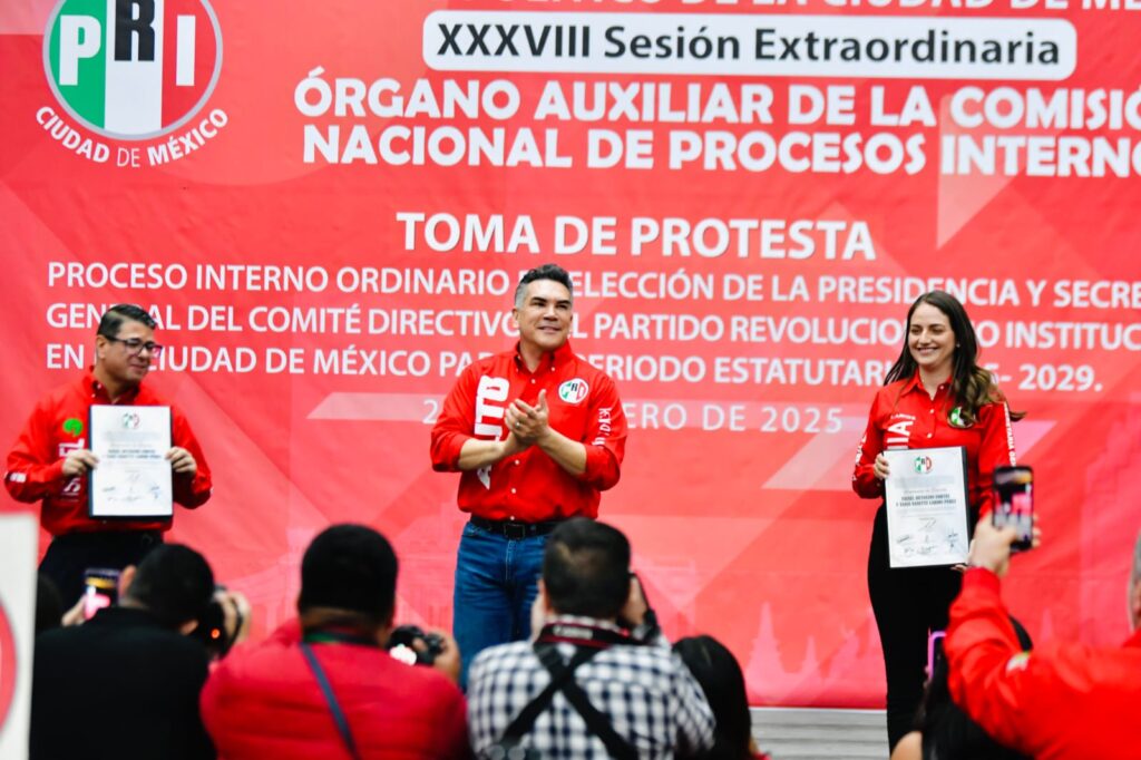 RINDEN PROTESTA ISRAEL BETANZOS Y TANIA LARIOS AL FRENTE DEL PRI CDMX ANTE ALEJANDRO MORENO