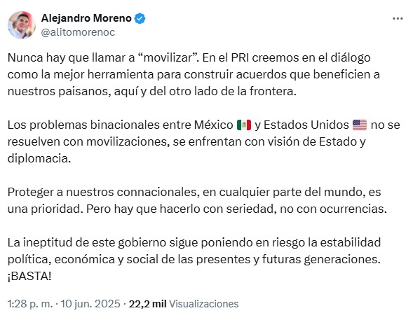 PROBLEMAS ENTRE MÉXICO Y EU NO SE RESUELVEN CON MOVILIZACIONES: ALEJANDRO MORENO