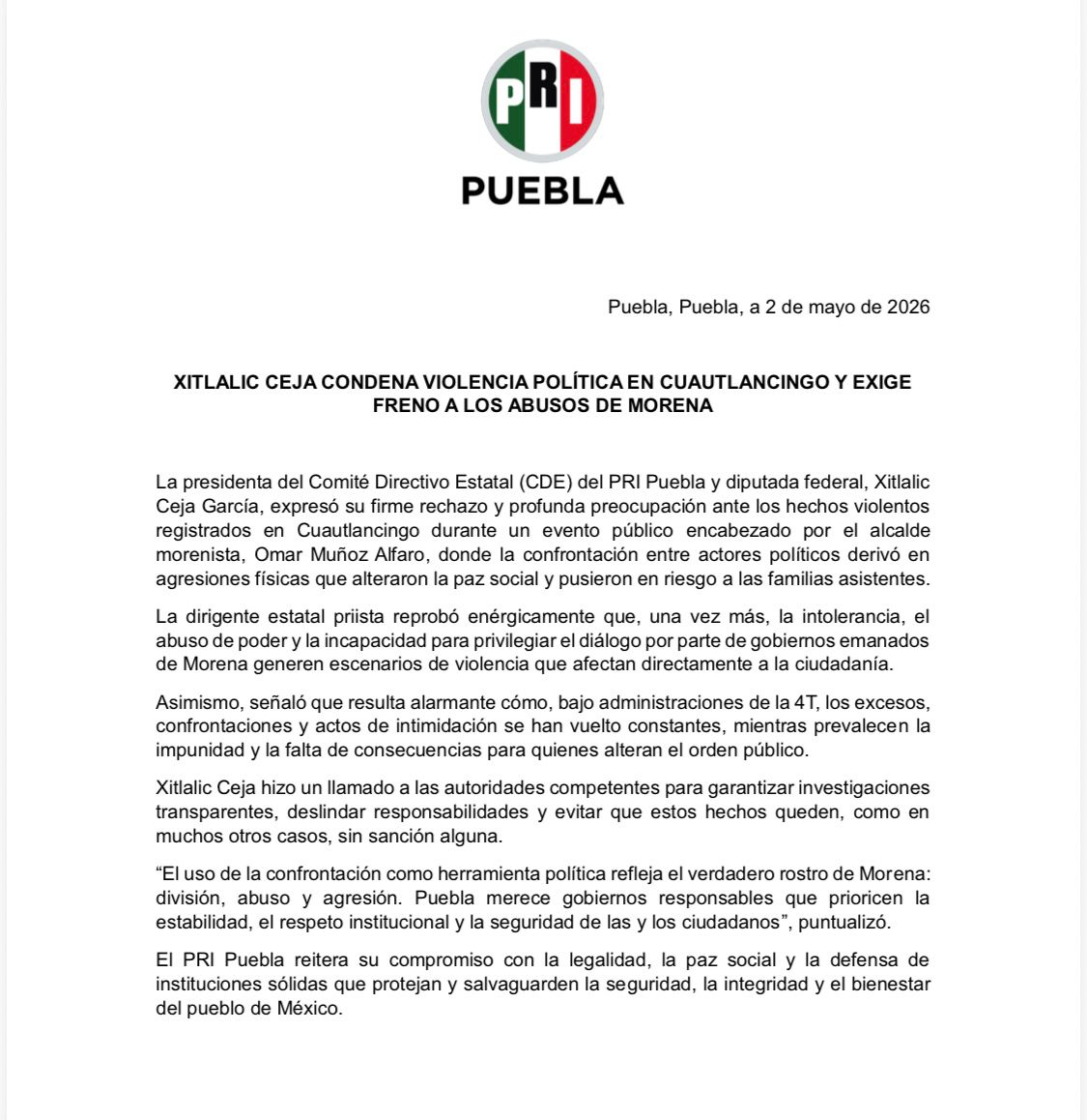 XITLALIC CEJA CONDENA VIOLENCIA POLÍTICA EN CUAUTLANCINGO Y EXIGE FRENO A LOS ABUSOS DE MORENA